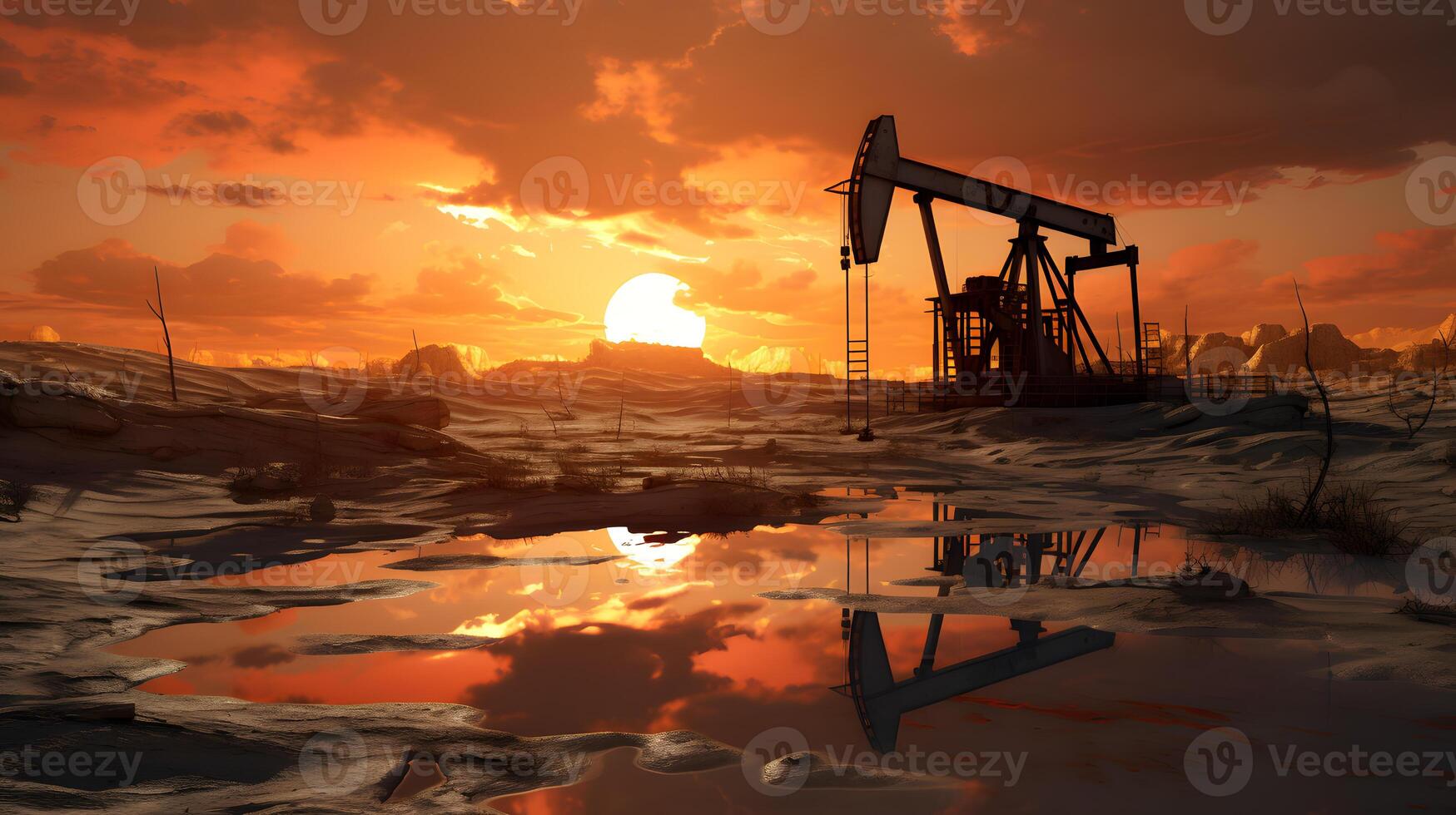 AI generated Photo of crude oil pumpjack rig at sunset. Concept art of oil production or issues of nature protection