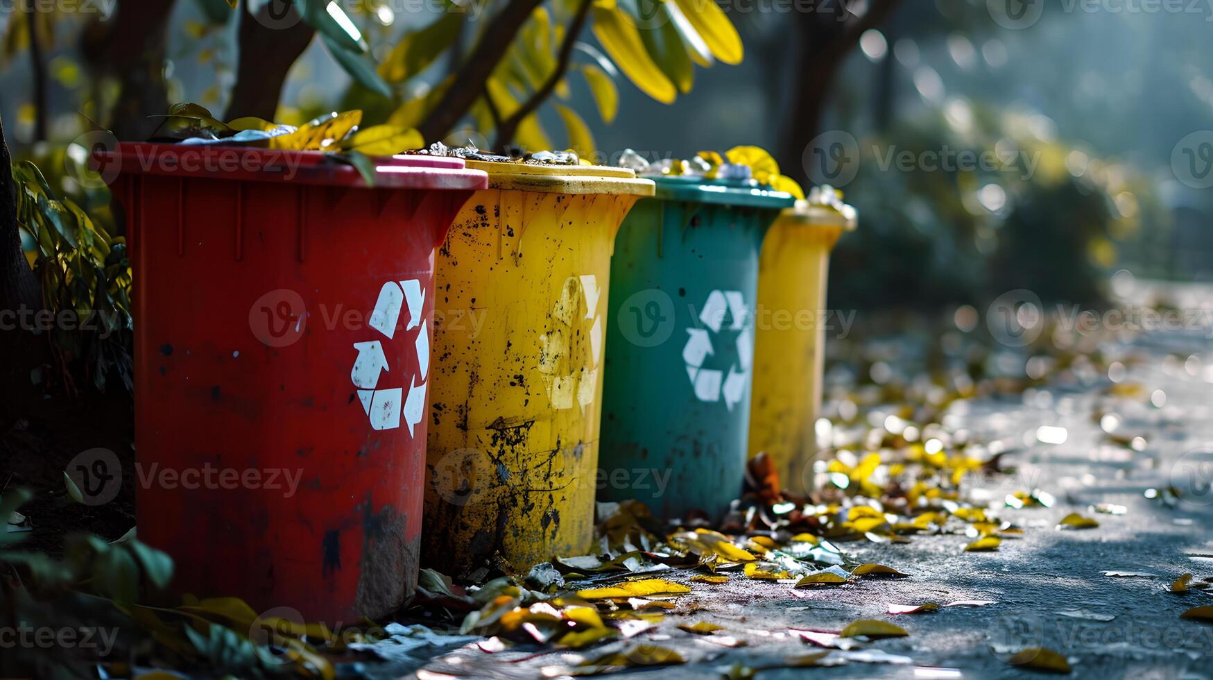 ai generado amarillo, verde y rojo basura latas con reciclaje símbolo. el concepto de naturaleza conservación y separar residuos colección foto