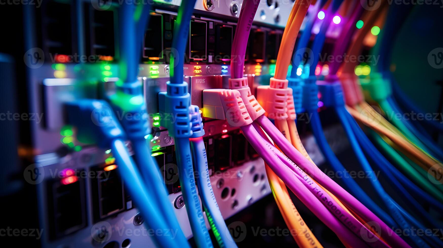 AI generated Close-up photo of patch panel with colored cords in server room. Technology concept