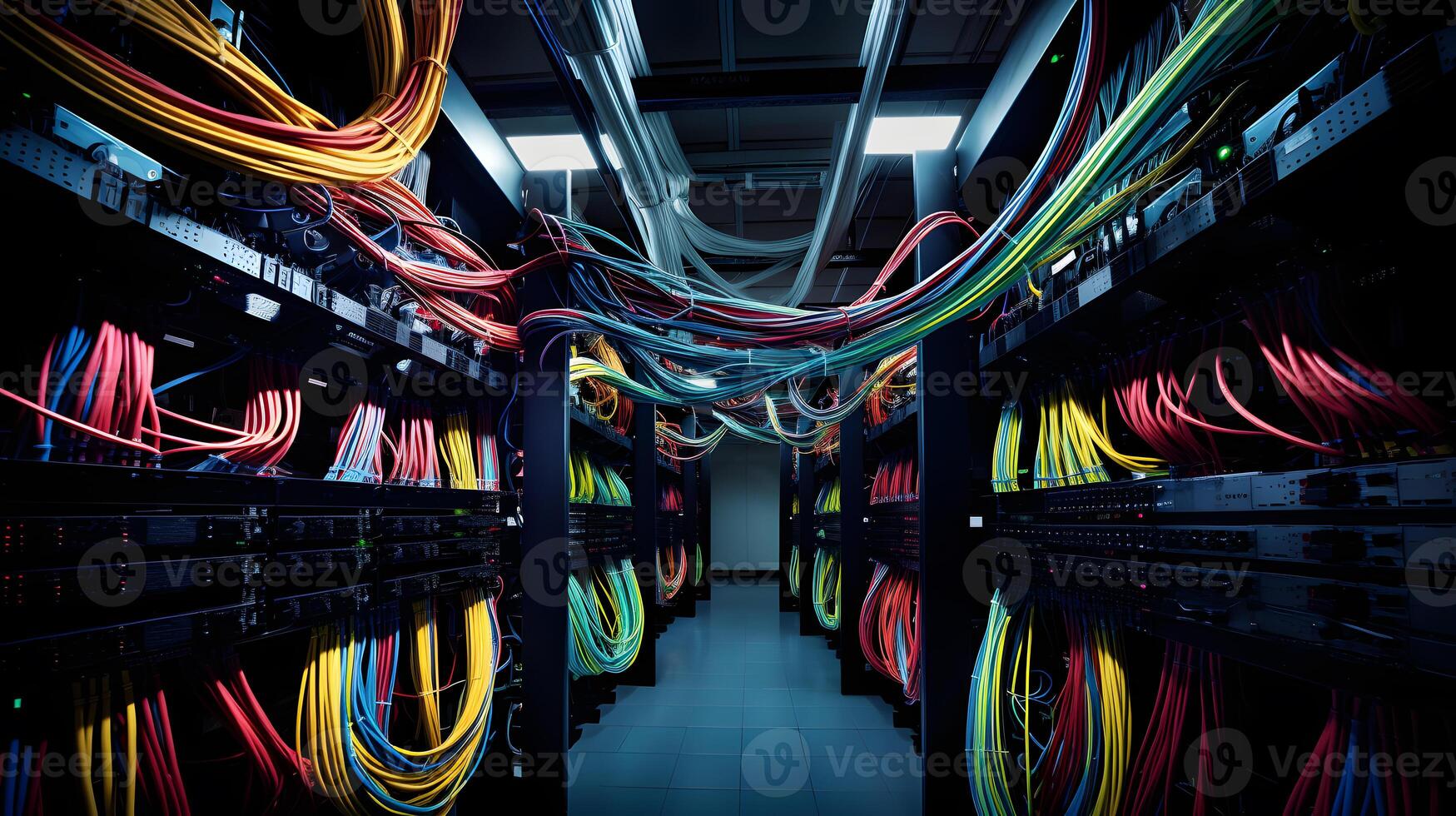 AI generated Ideal cable management in the server room. The result of the work done by the system administrator with a large number of colored wires photo