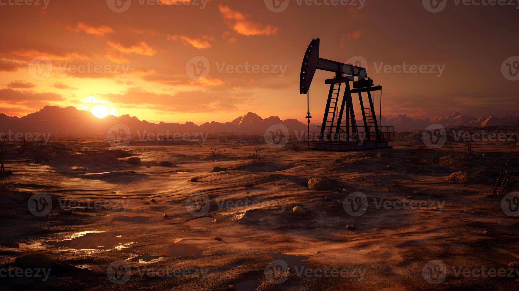 ai generado foto de crudo petróleo bomba extractora plataforma a puesta de sol. concepto Arte de petróleo producción o cuestiones de naturaleza proteccion