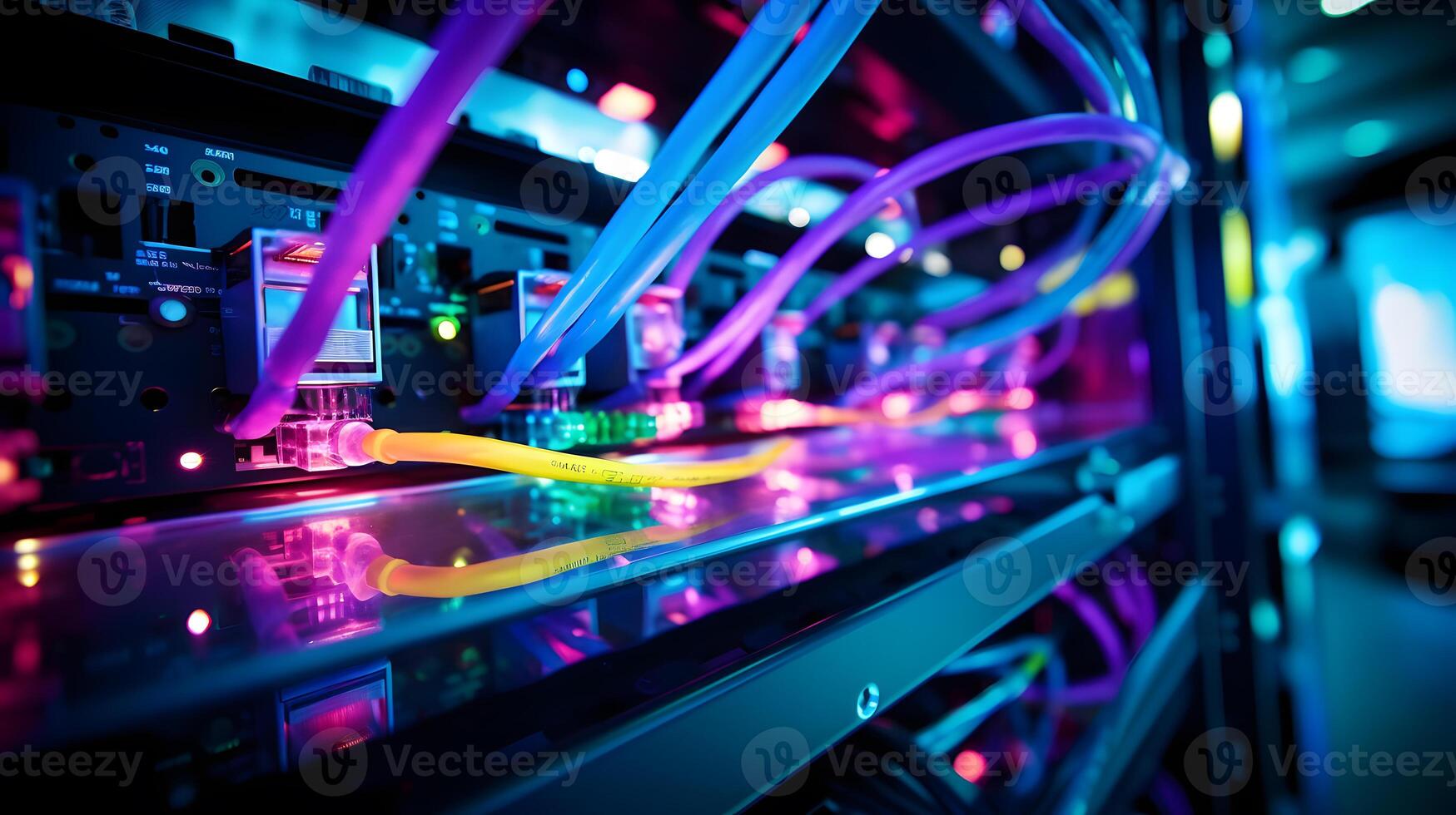 AI generated Close-up photo of patch panel with colored cords in server room. Technology concept