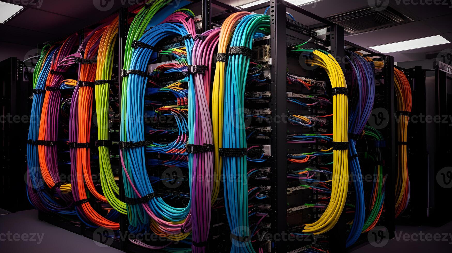 ai generado ideal cable administración en el servidor habitación. el resultado de el trabajo hecho por el sistema administrador con un grande número de de colores alambres foto