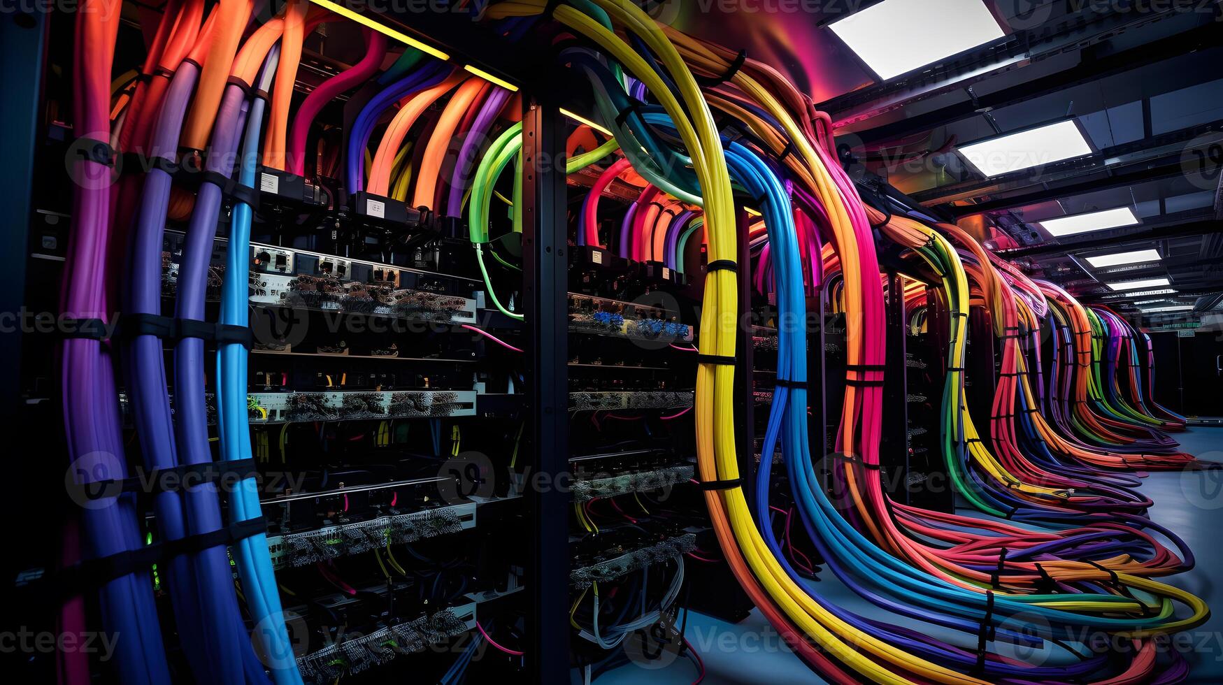 AI generated Server room with server racks and wires. Server uptime concept and cable management photo