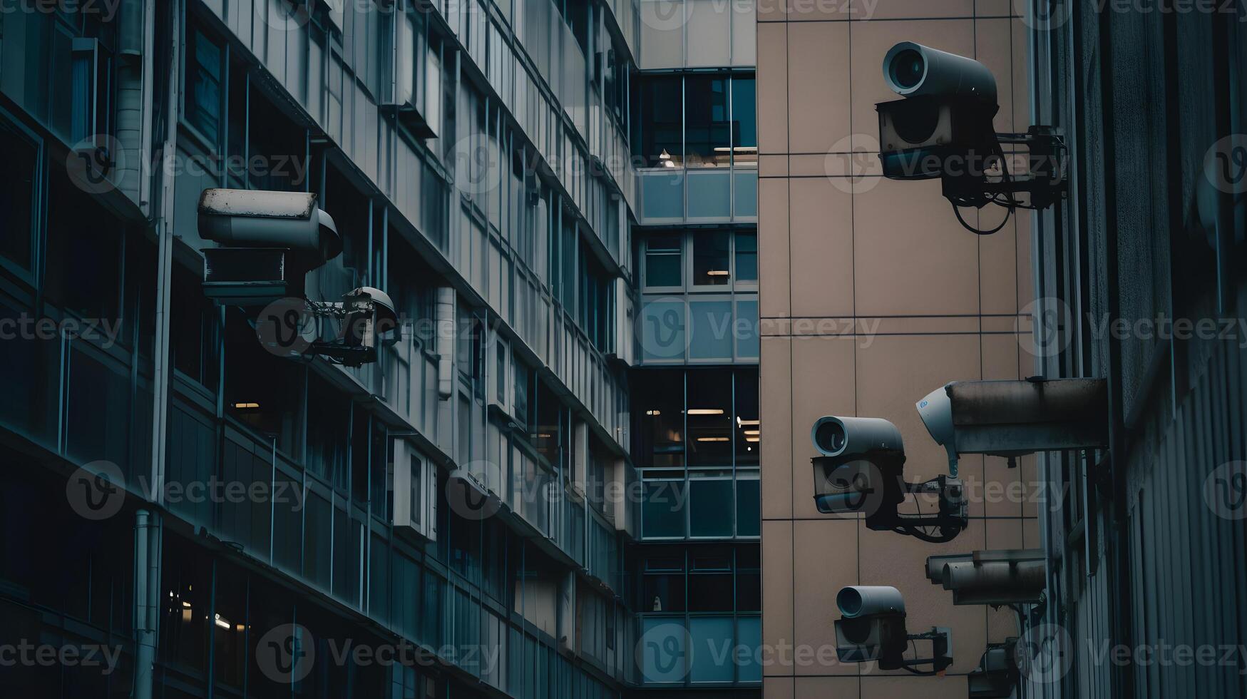 AI generated Close-up of a CCTV camera. Constantly tracking people or social security concept photo