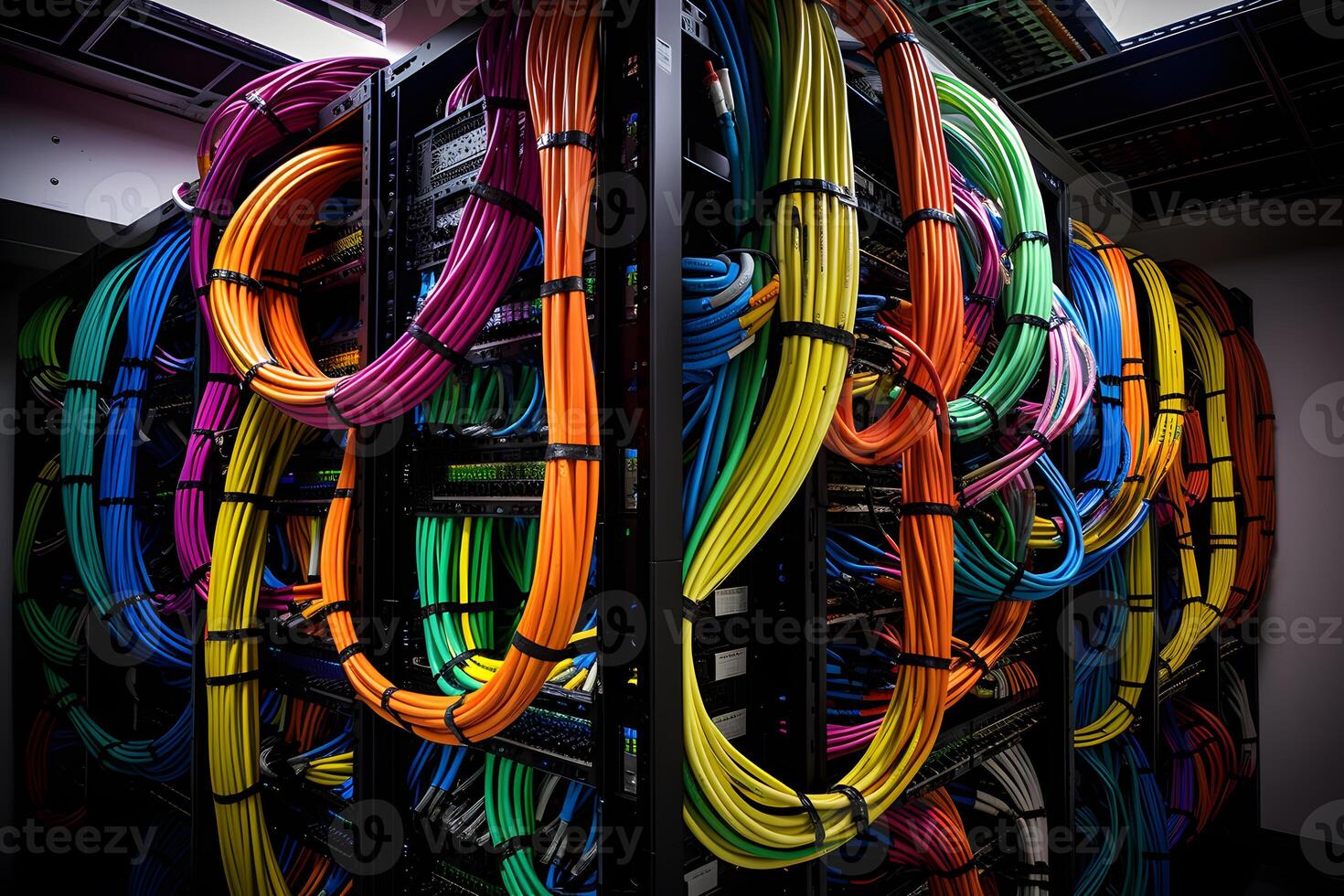 AI generated Server room with server racks and wires. Server uptime concept and cable management photo