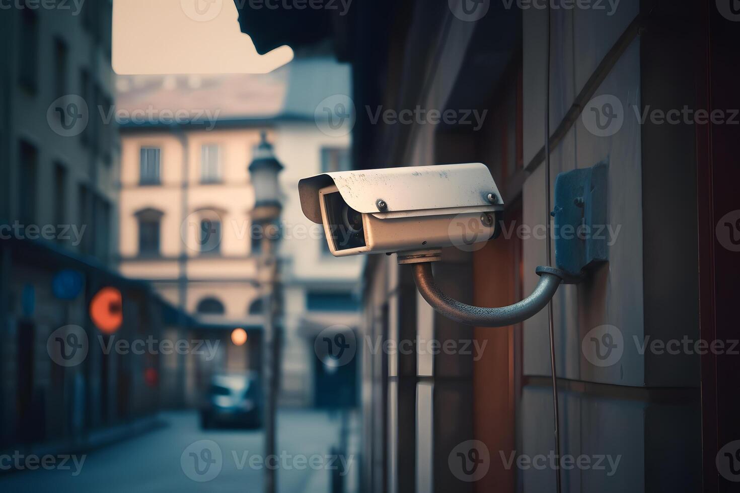 AI generated Close-up of a CCTV camera. Constantly tracking people or social security concept photo