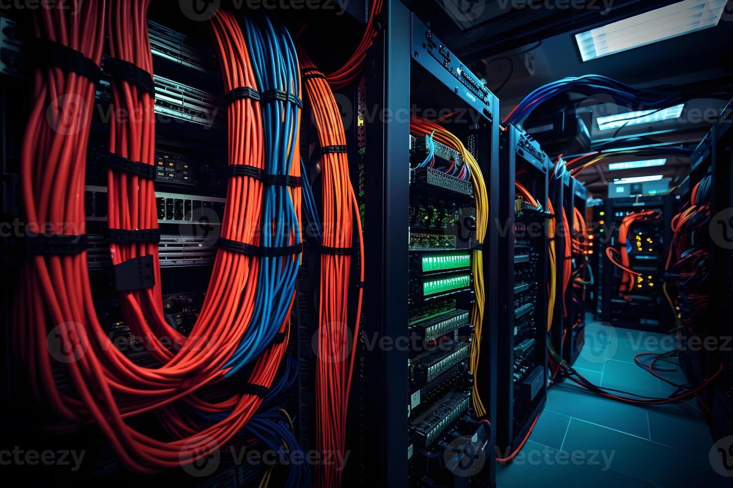 AI generated Server room with server racks and wires. Server uptime concept and cable management photo