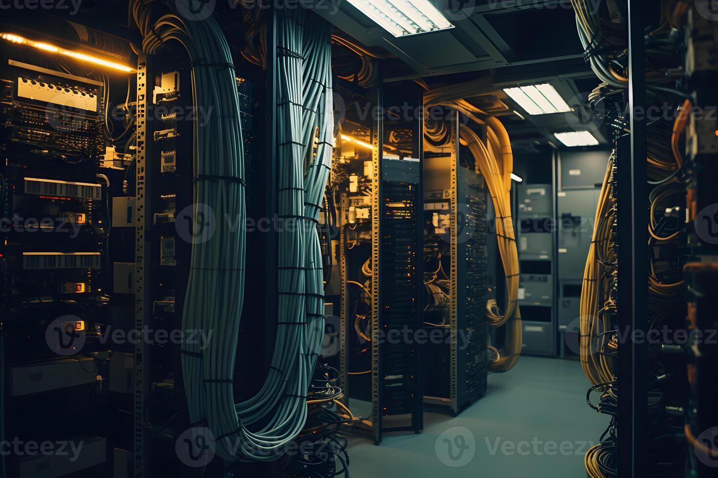 AI generated Server room with server racks and wires. Server uptime concept and cable management photo