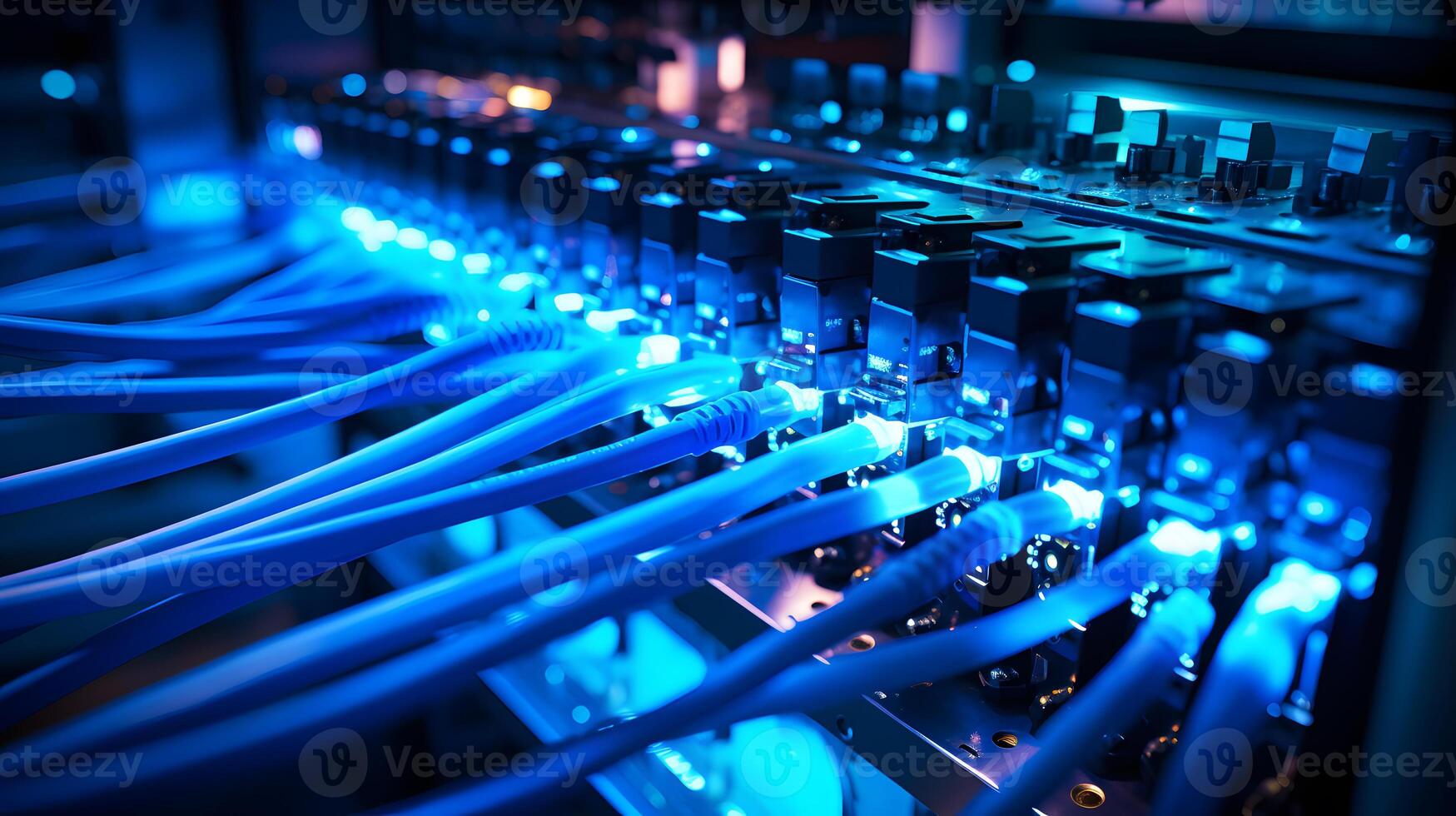 AI generated Close-up photo of patch panel with colored cords in server room. Technology concept