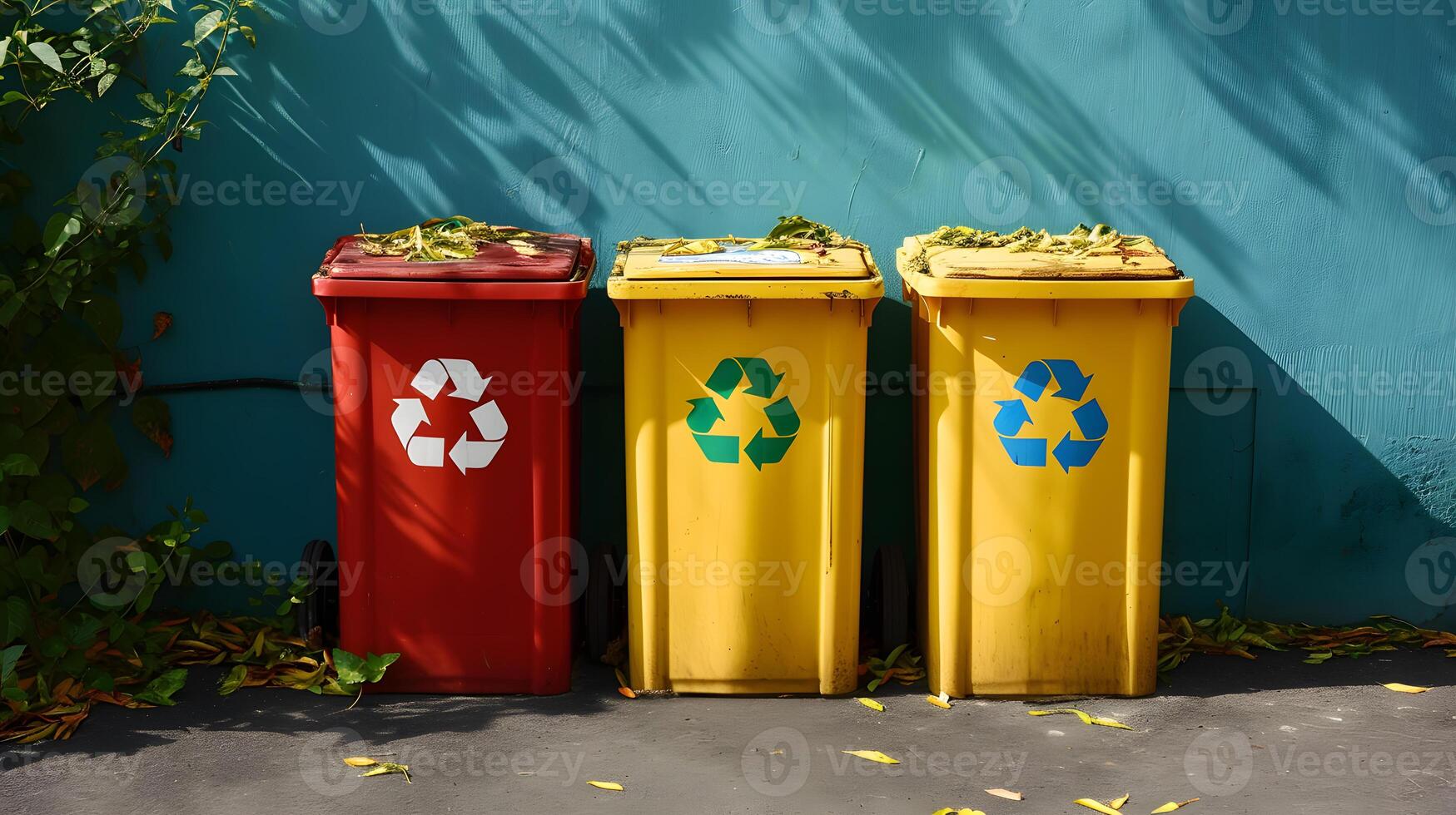 AI generated Yellow, green and red trash cans with recycling symbol. The concept of nature conservation and separate waste collection photo