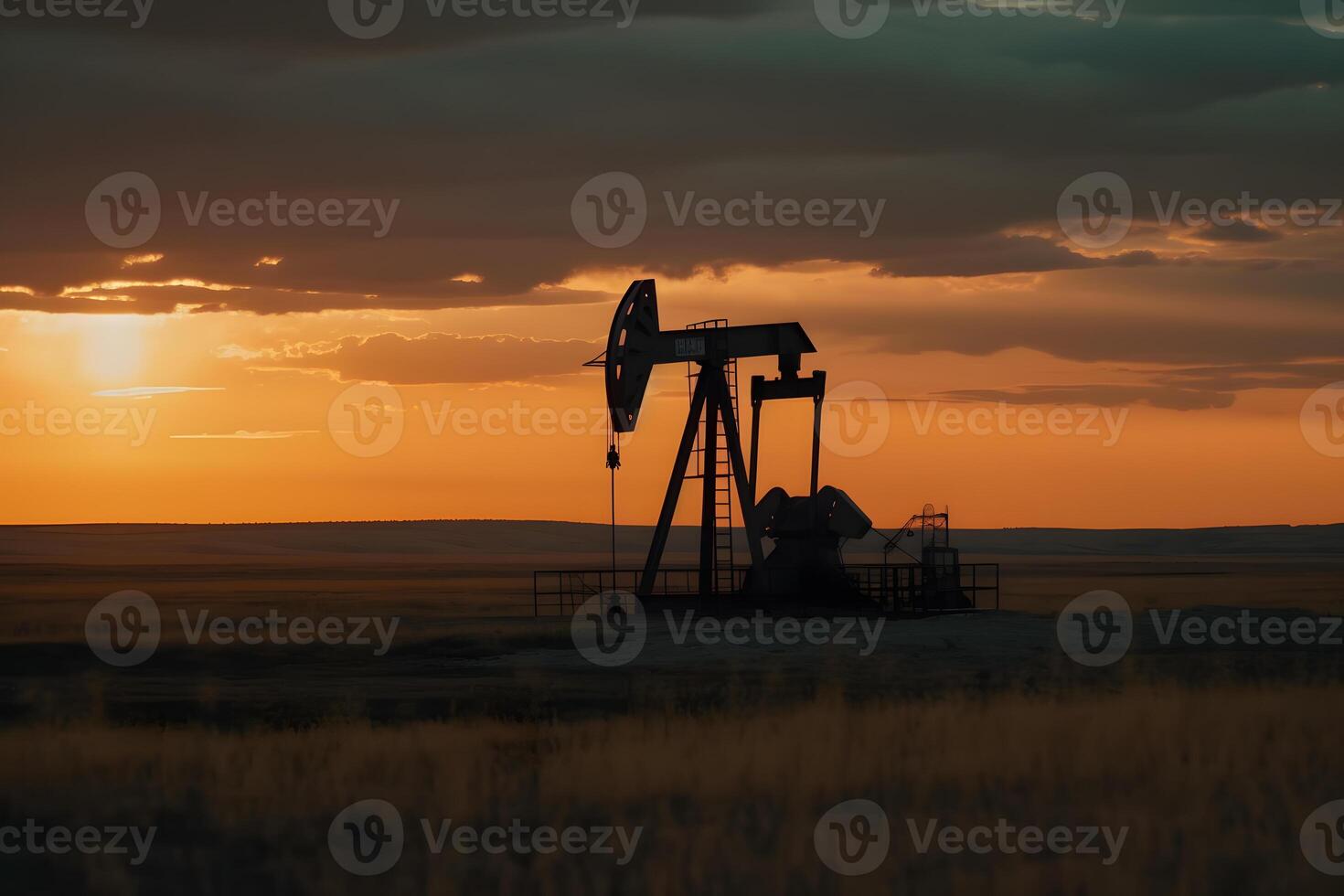 AI generated Photo of crude oil pumpjack rig at sunset. Concept art of oil production or issues of nature protection