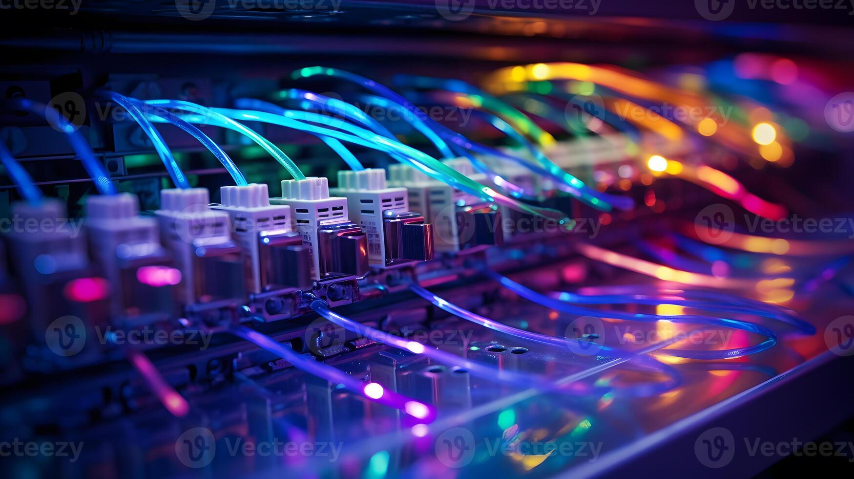 AI generated Close-up photo of patch panel with colored cords in server room. Technology concept