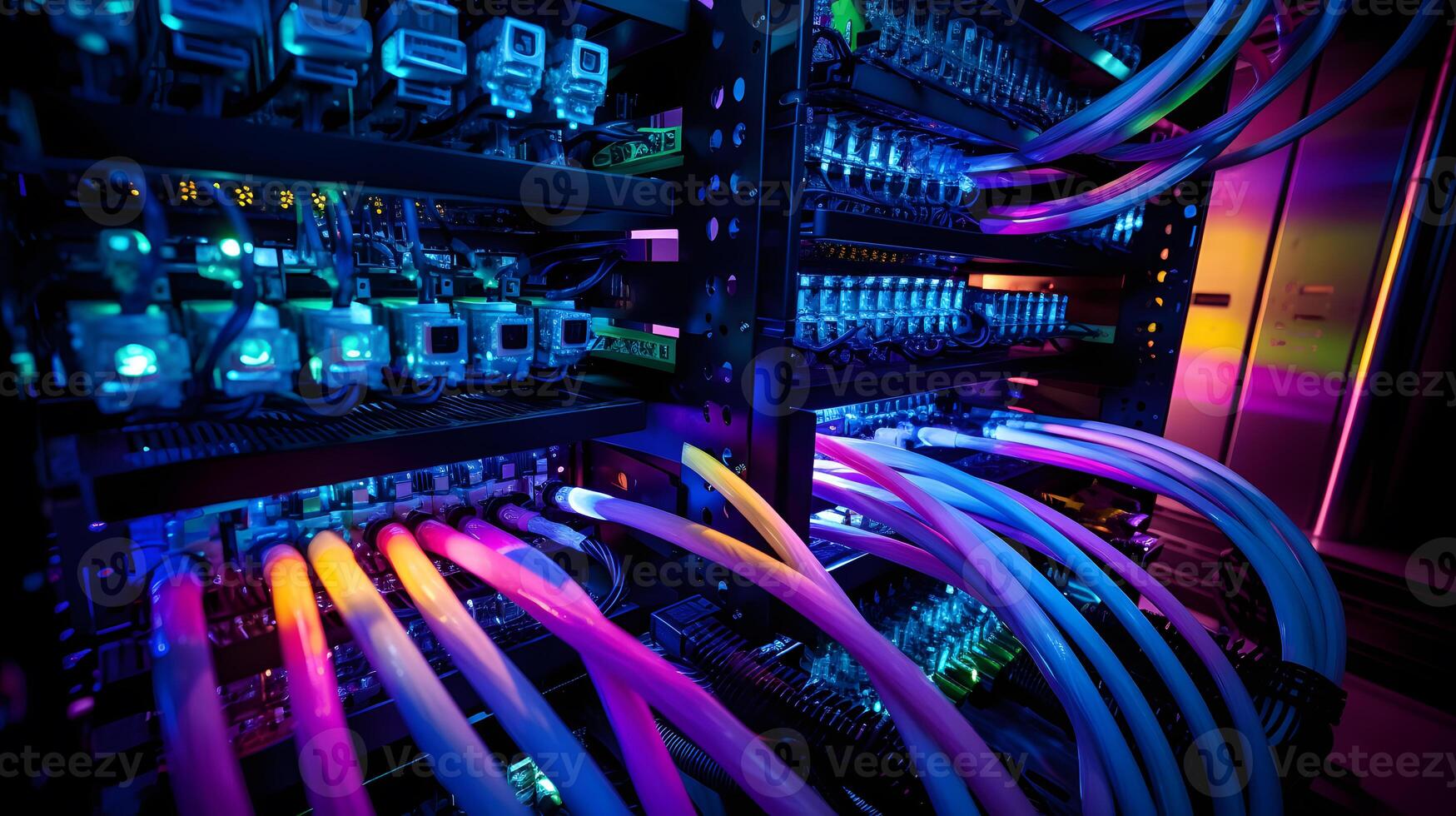 AI generated Close-up photo of patch panel with colored cords in server room. Technology concept