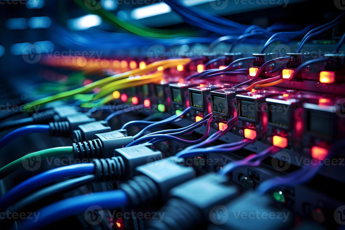 AI generated Close-up photo of patch panel with colored cords in server room. Technology concept