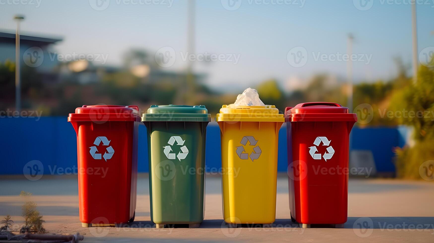 AI generated Yellow, green and red trash cans with recycling symbol. The concept of nature conservation and separate waste collection photo
