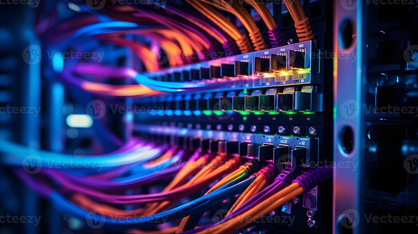 AI generated Close-up photo of a server patch panel with many ports and wires. Many indicators of different colors show the active work of the servers.