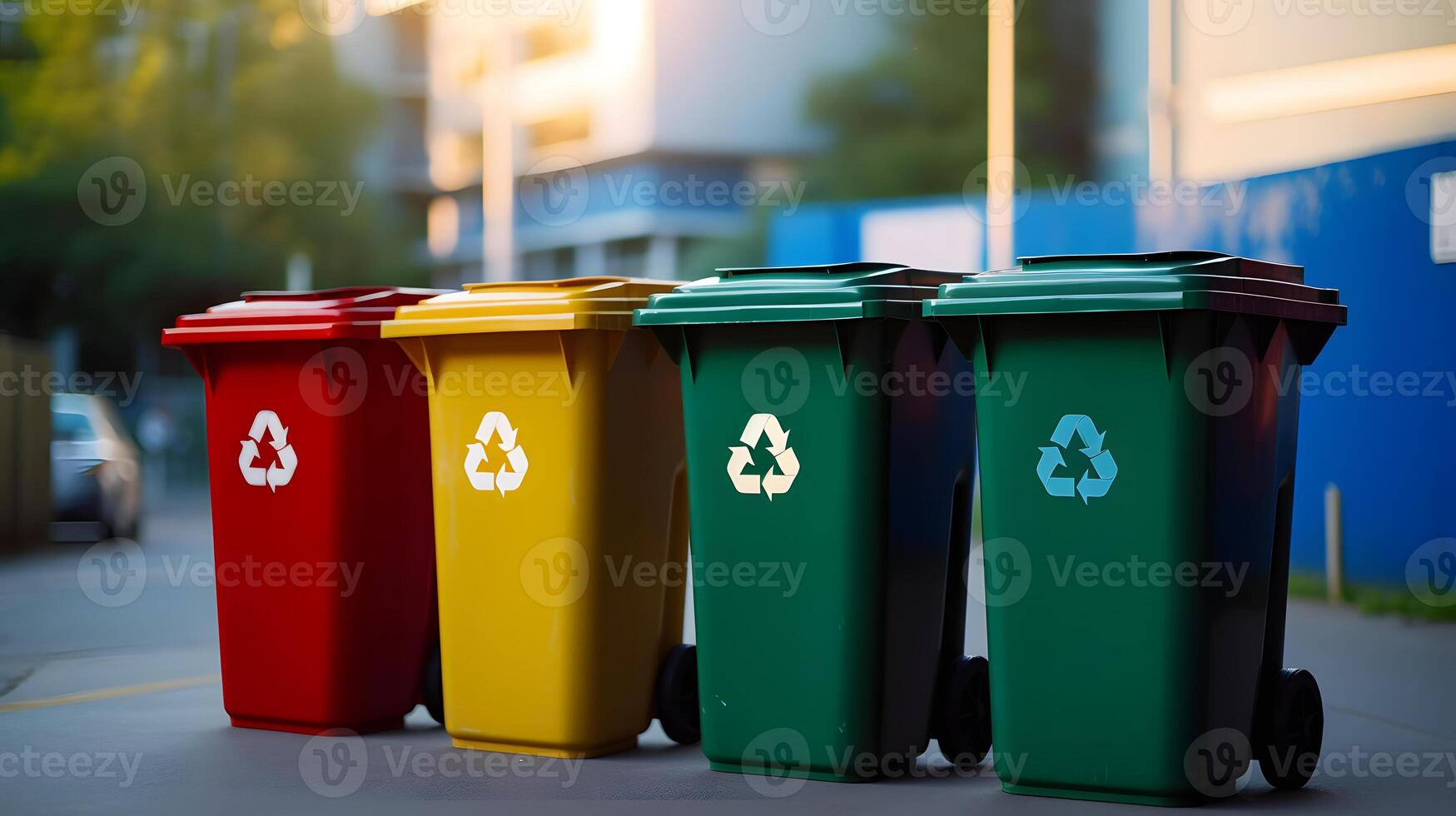 AI generated Yellow, green and red trash cans with recycling symbol. The concept of nature conservation and separate waste collection photo