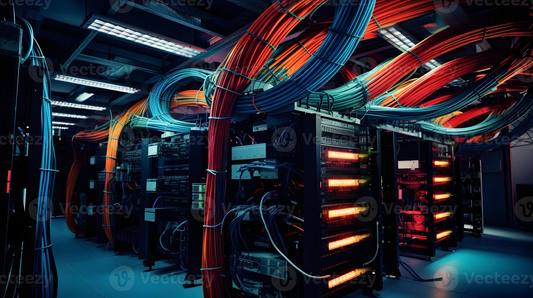 AI generated Server room with server racks and wires. Server uptime concept and cable management photo