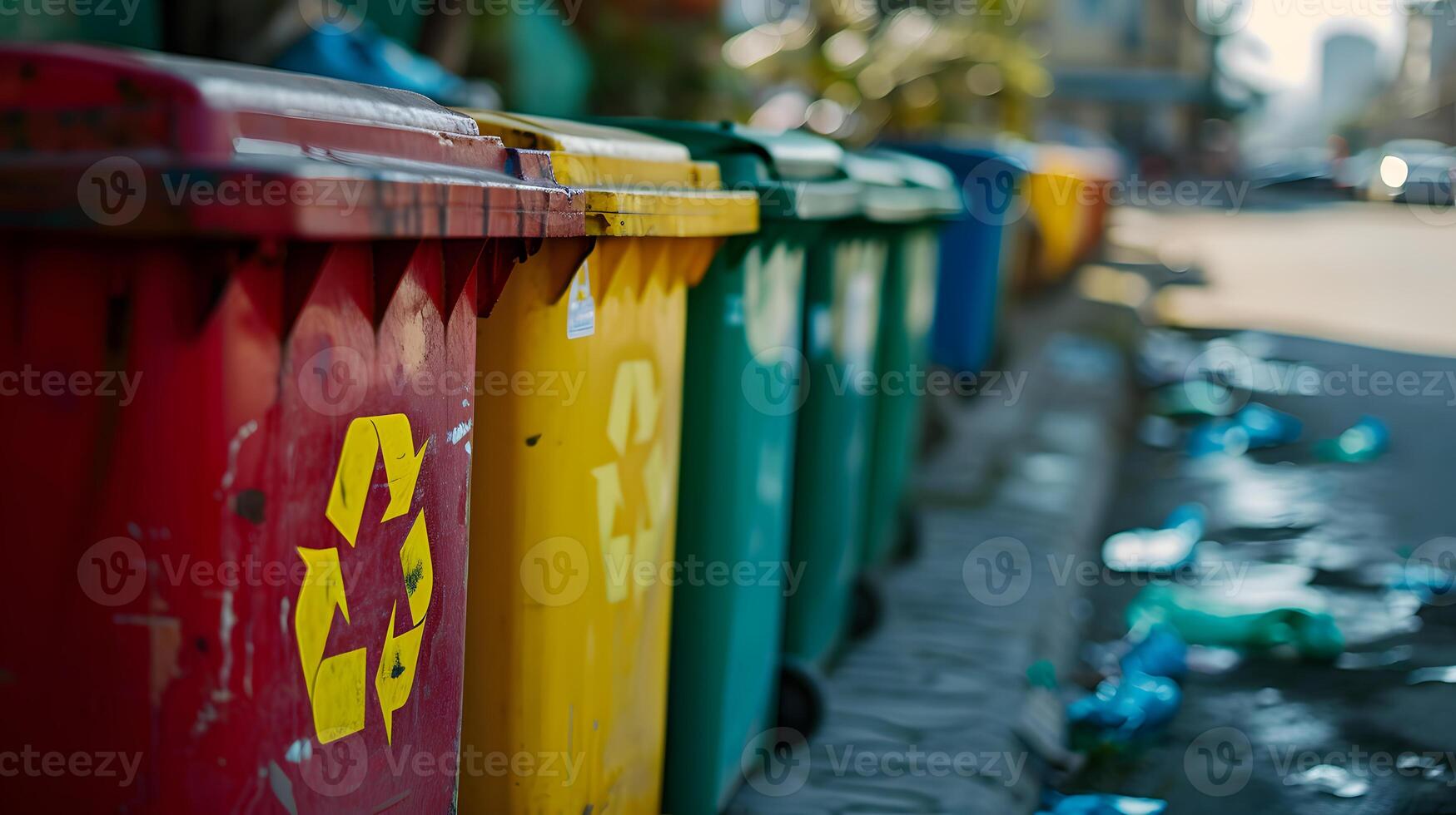 AI generated Yellow, green and red trash cans with recycling symbol. The concept of nature conservation and separate waste collection photo