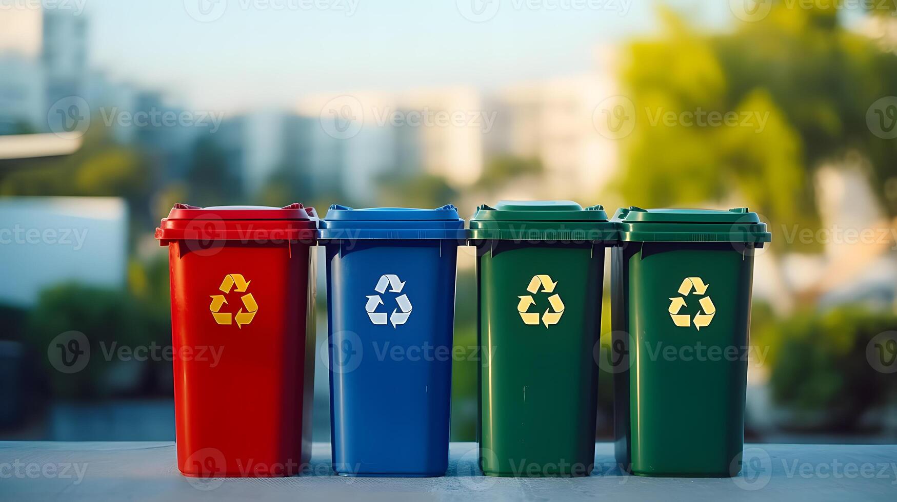 AI generated Yellow, green and red trash cans with recycling symbol. The concept of nature conservation and separate waste collection photo