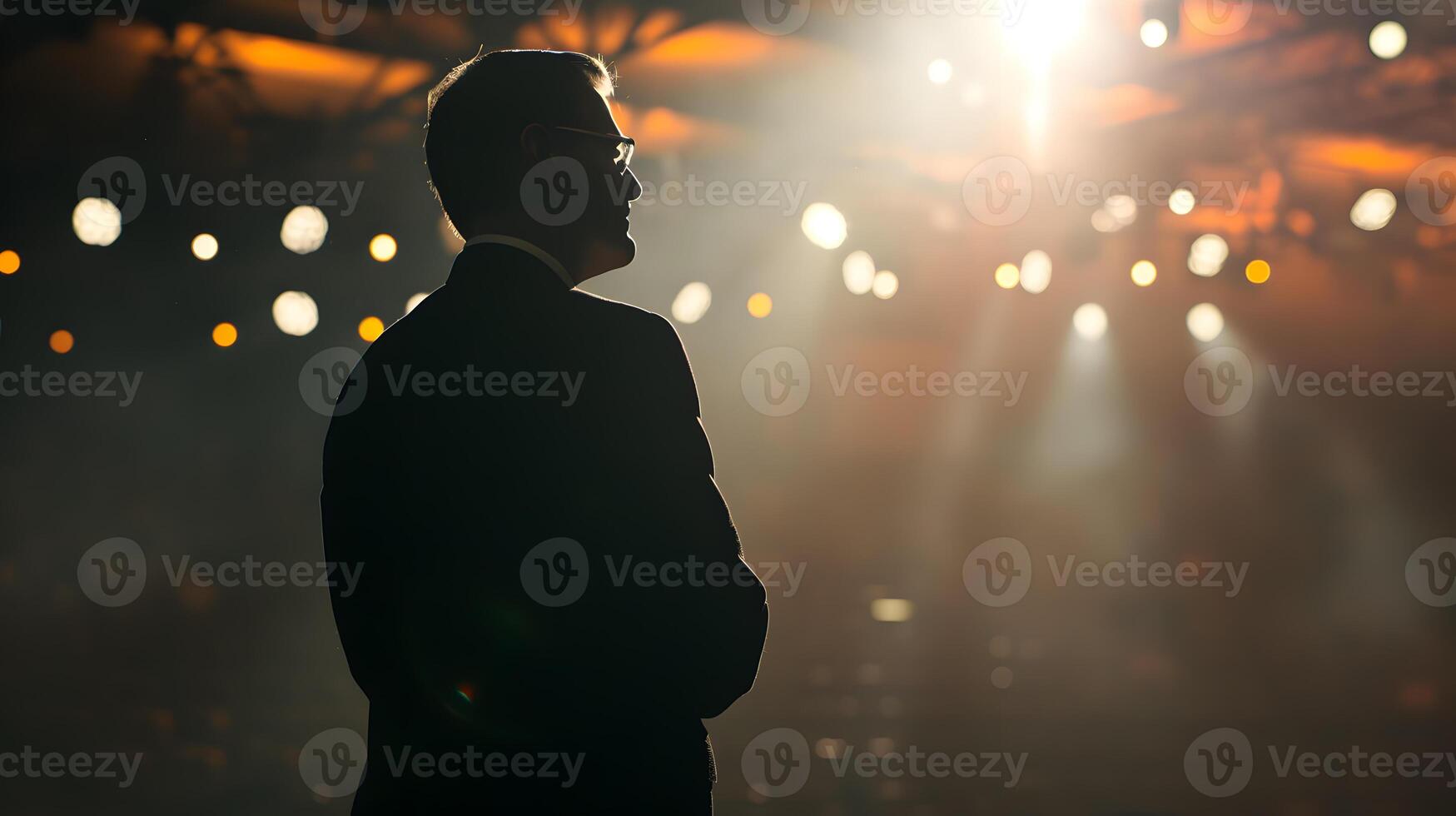 AI generated Business coach speaks on stage in front of people. Back view. Business training concept. photo