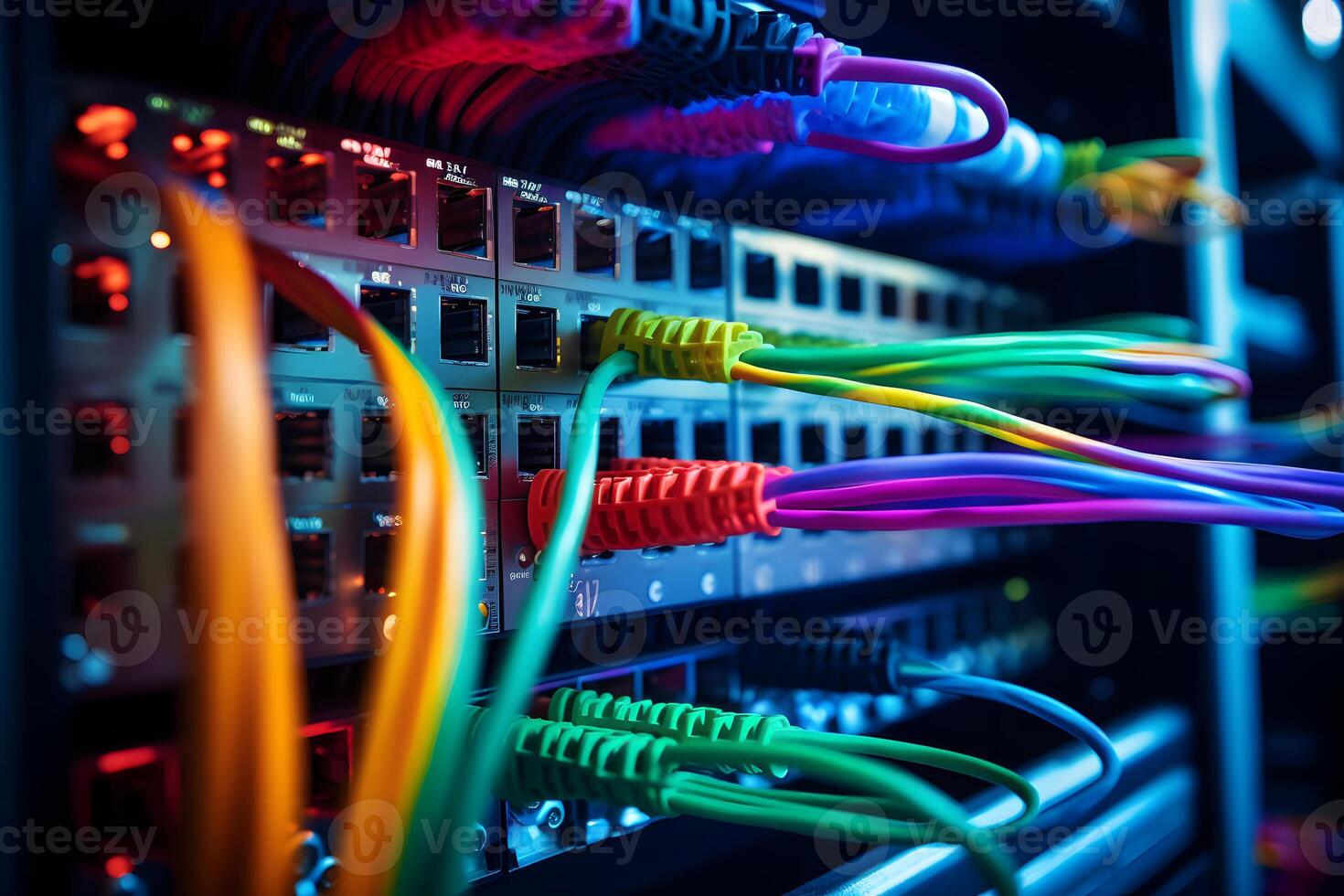 AI generated Close-up photo of patch panel with colored cords in server room. Technology concept