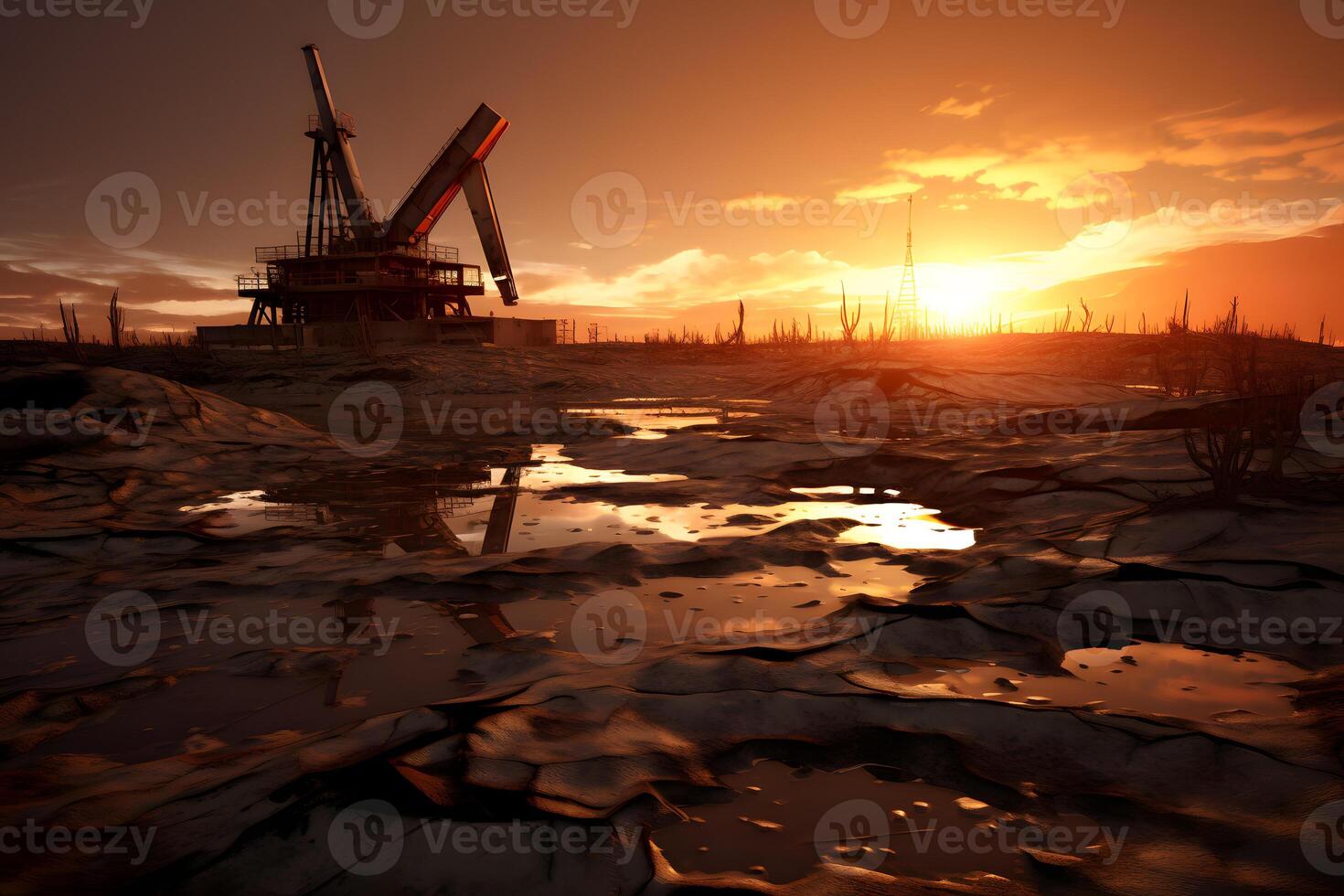 AI generated Photo of crude oil pumpjack rig at sunset. Concept art of oil production or issues of nature protection