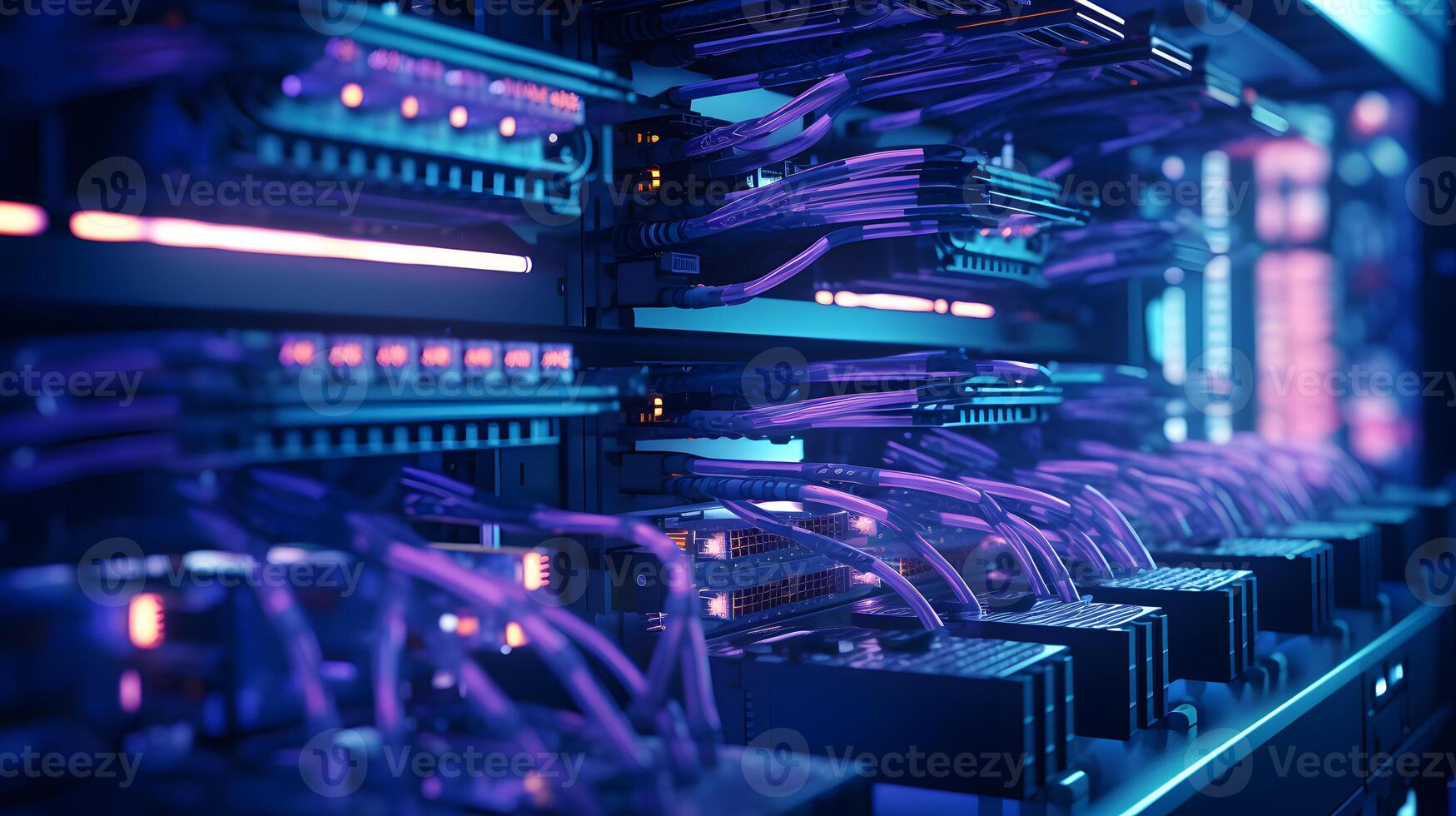 AI generated Close-up photo of patch panel with colored cords in server room. Technology concept