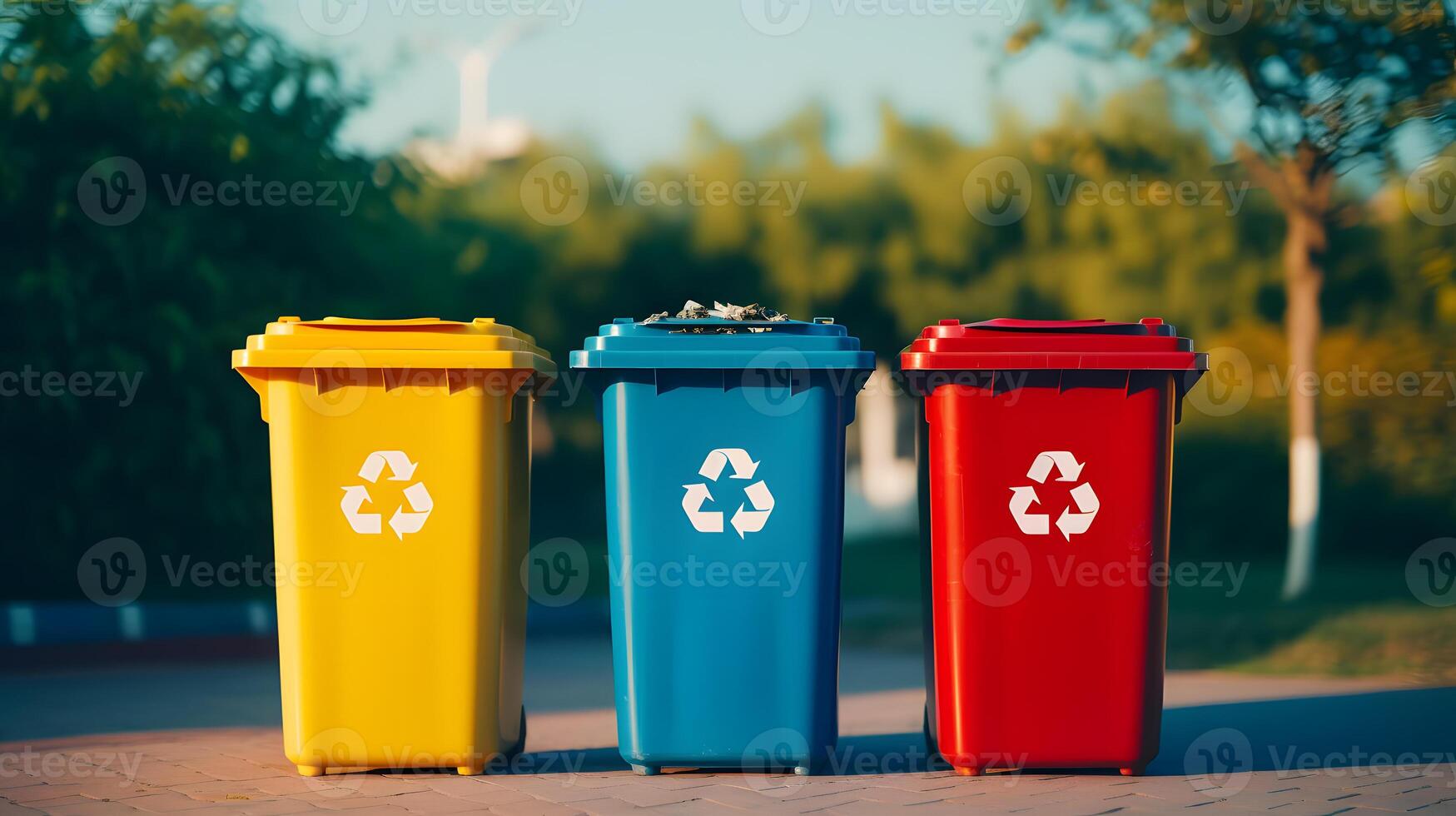 ai generado amarillo, verde y rojo basura latas con reciclaje símbolo. el concepto de naturaleza conservación y separar residuos colección foto