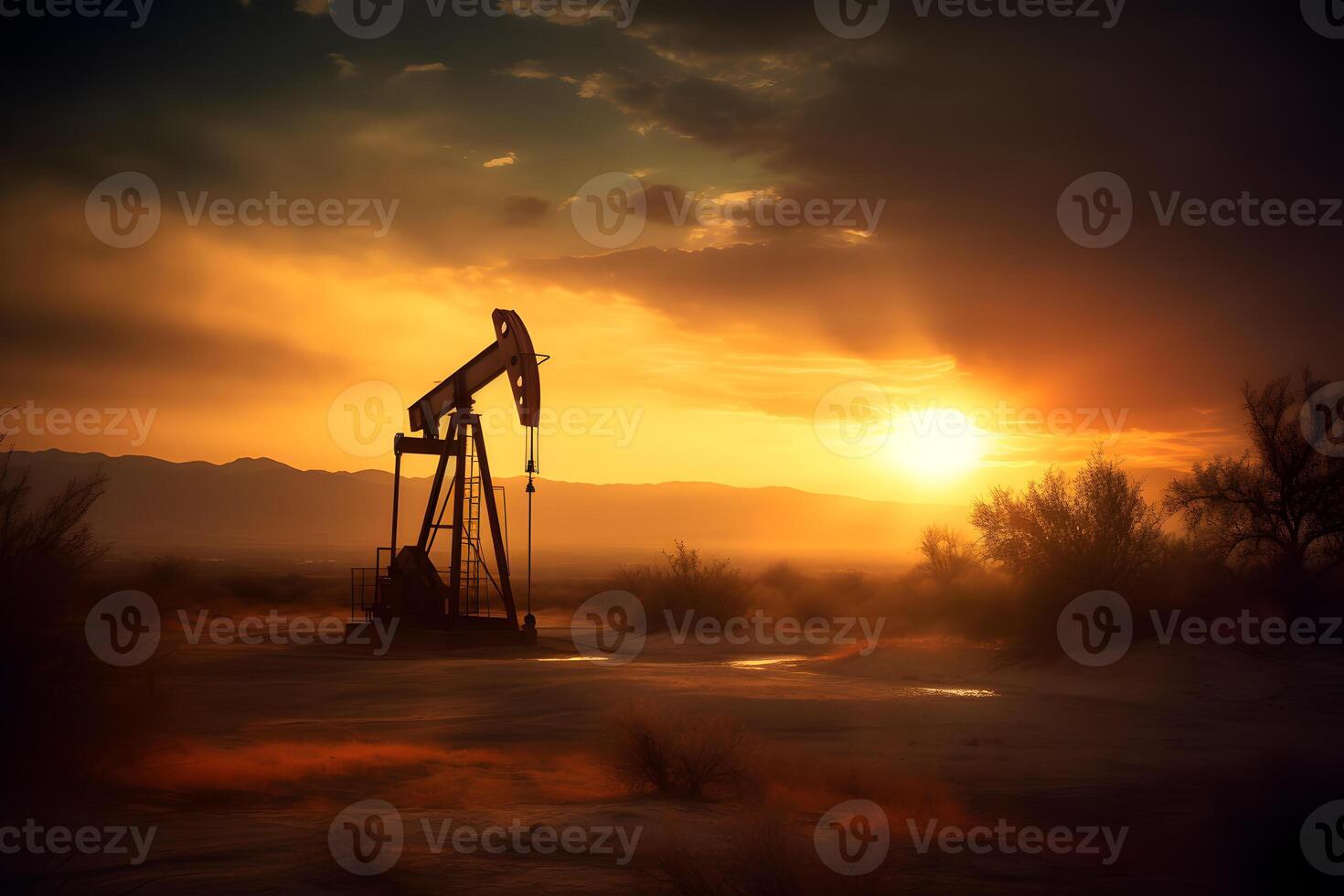 ai generado foto de crudo petróleo bomba extractora plataforma a puesta de sol. concepto Arte de petróleo producción o cuestiones de naturaleza proteccion