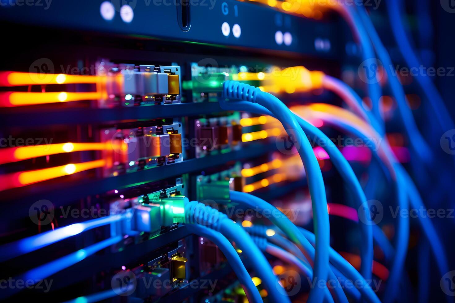 AI generated Close-up photo of patch panel with colored cords in server room. Technology concept