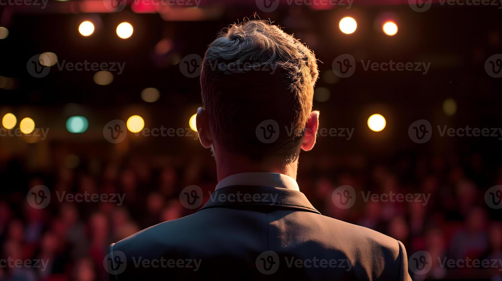 AI generated Business coach speaks on stage in front of people. Back view. Business training concept. photo