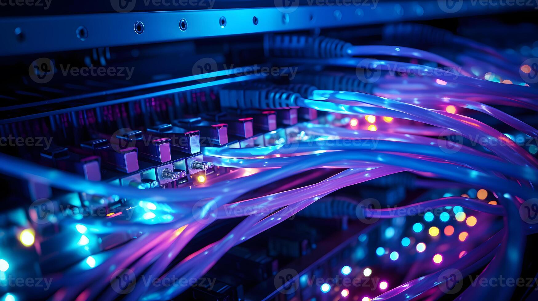 AI generated Close-up photo of patch panel with colored cords in server room. Technology concept