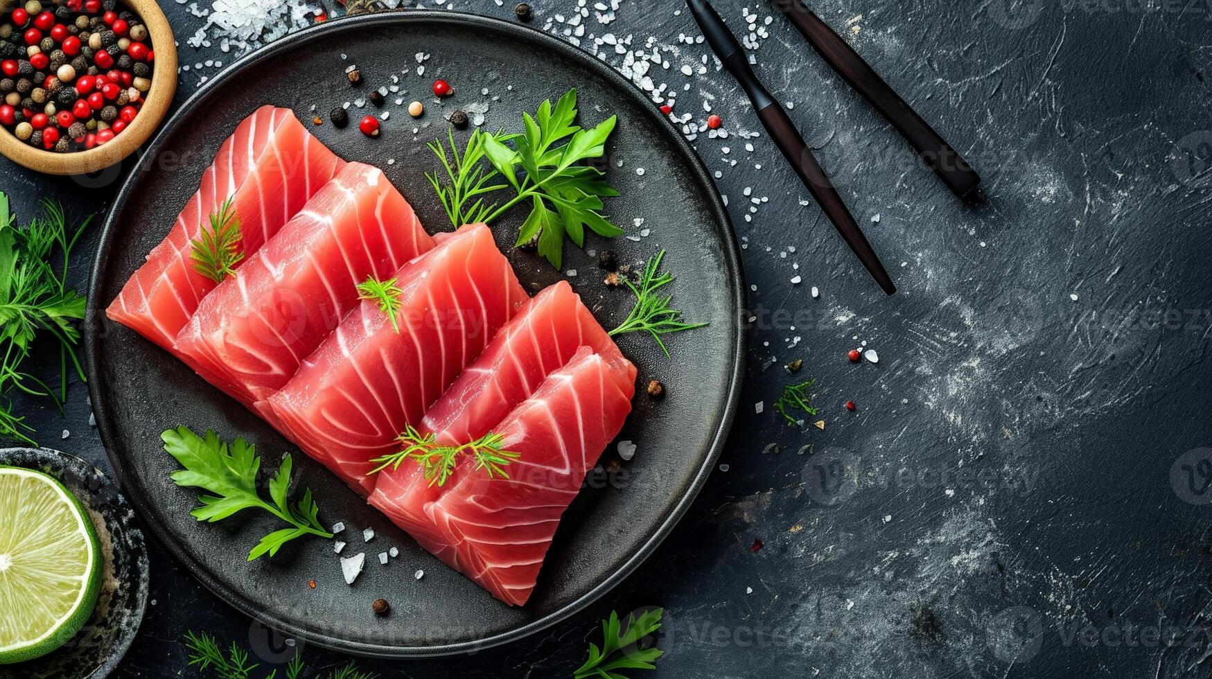 AI generated Savor the Freshness Close-Up of Raw Tuna Fillet Steak and Sashimi photo