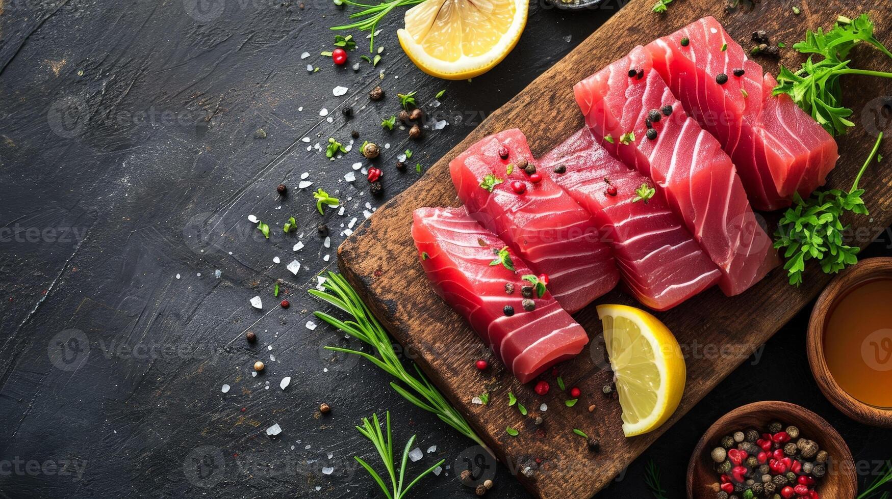 AI generated Savor the Freshness Close-Up of Raw Tuna Fillet Steak and Sashimi photo
