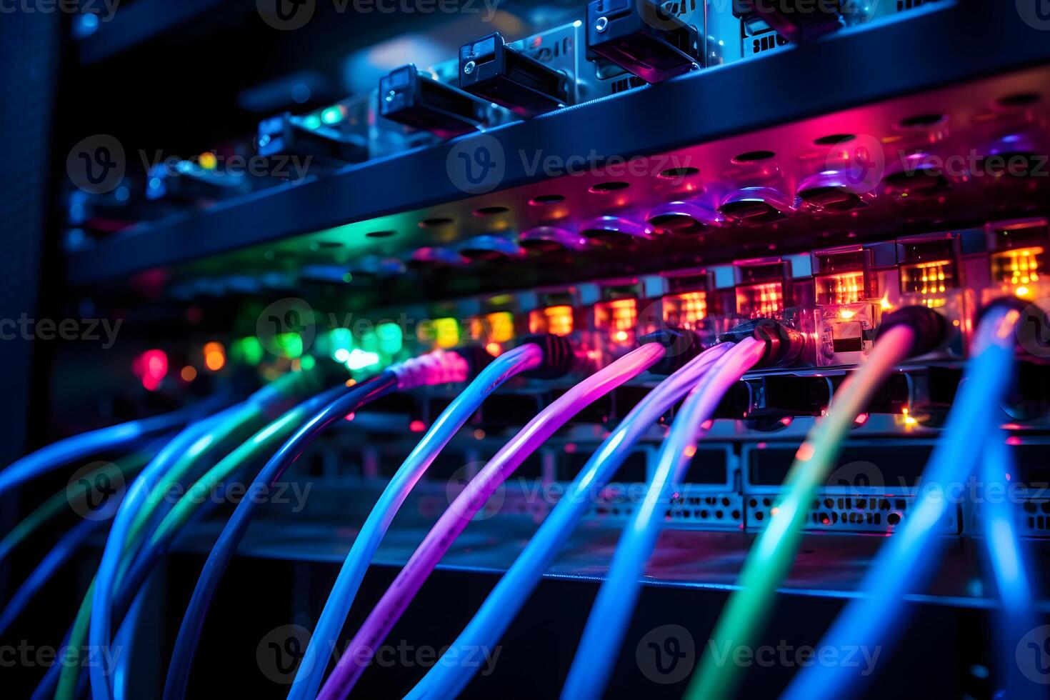 AI generated Close-up photo of patch panel with colored cords in server room. Technology concept