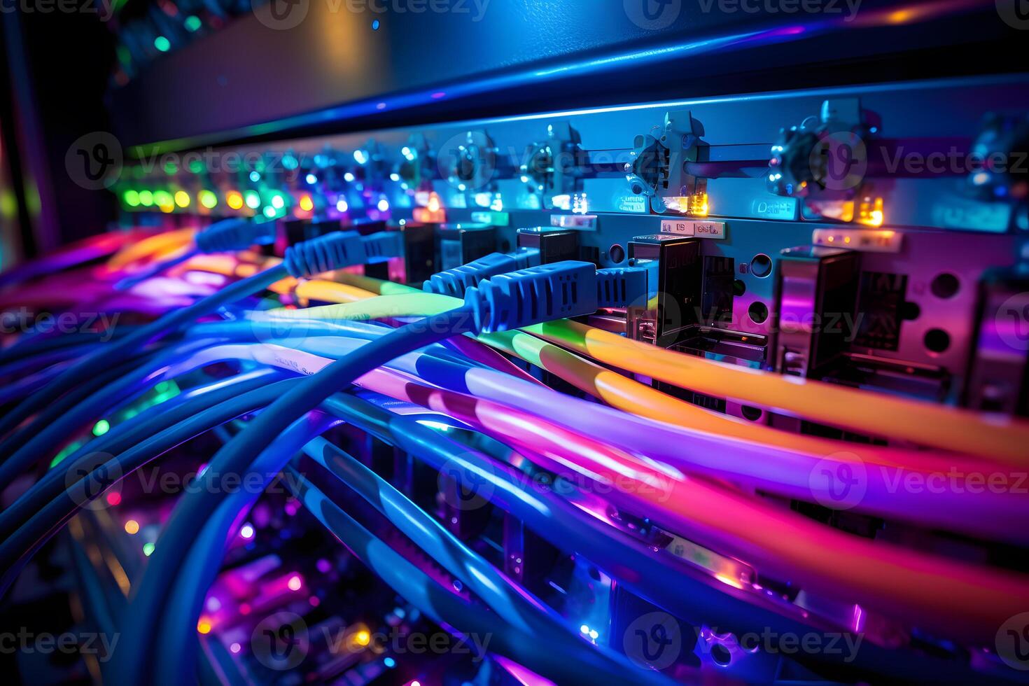 AI generated Close-up photo of patch panel with colored cords in server room. Technology concept