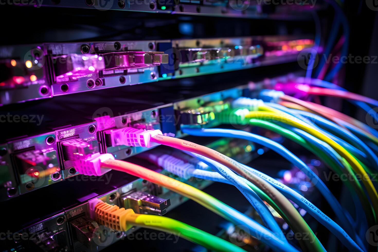 AI generated Close-up photo of patch panel with colored cords in server room. Technology concept