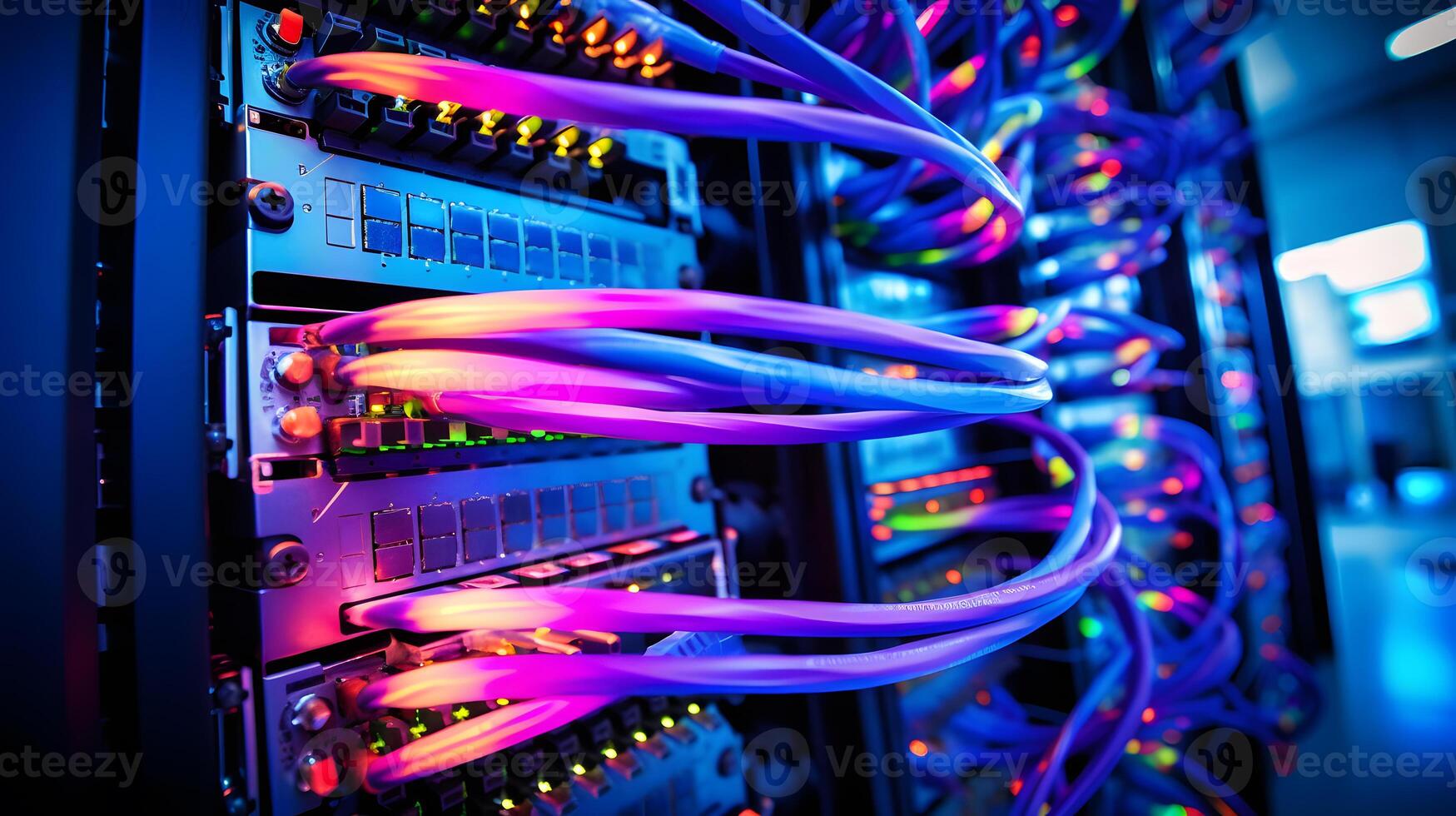 AI generated Close-up photo of patch panel with colored cords in server room. Technology concept