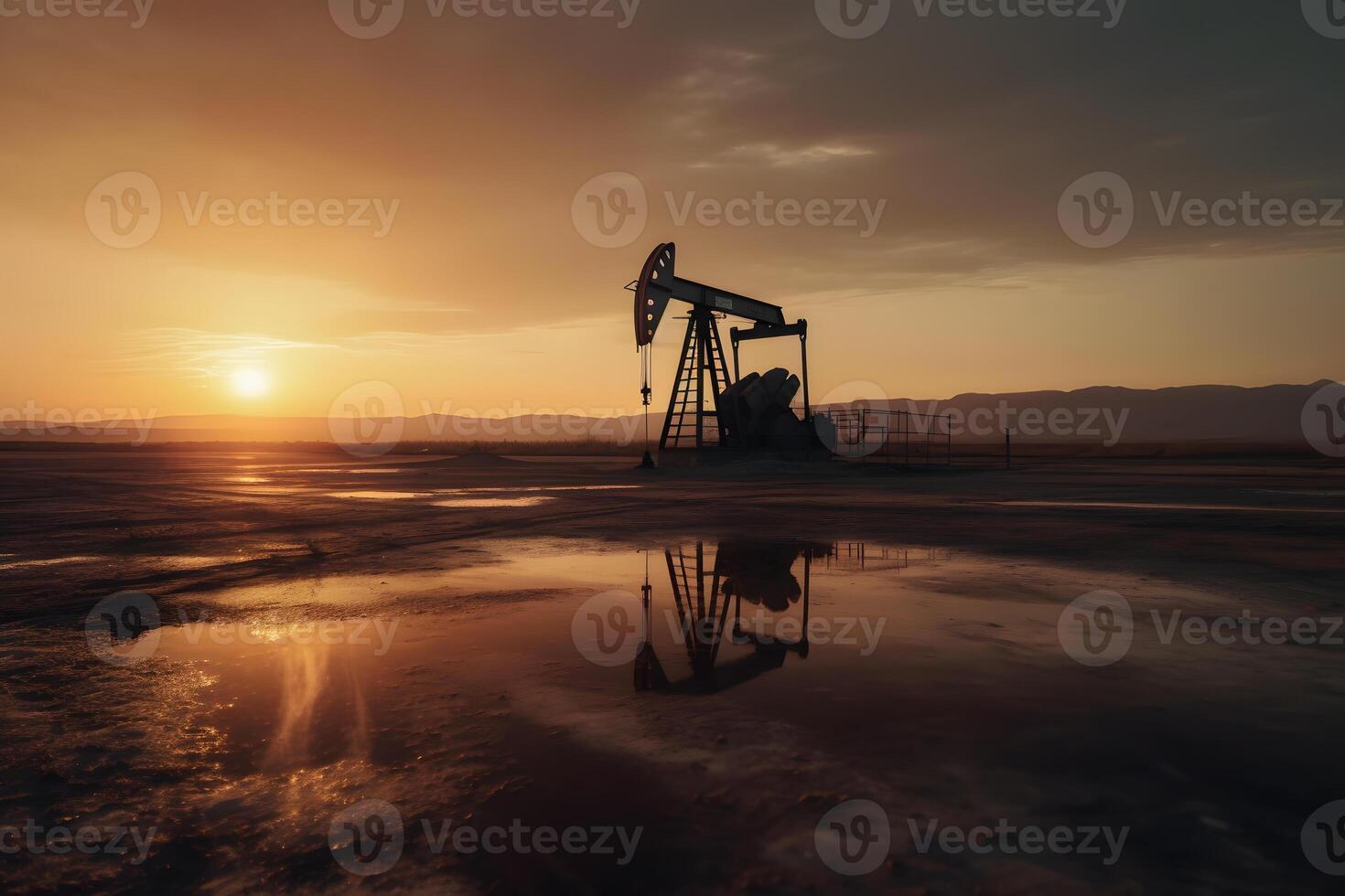 AI generated Photo of crude oil pumpjack rig at sunset. Concept art of oil production or issues of nature protection