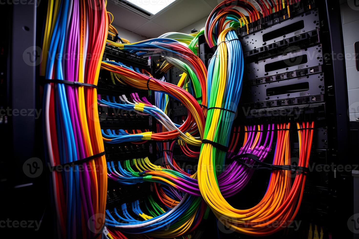 AI generated Server room with server racks and wires. Server uptime concept and cable management photo