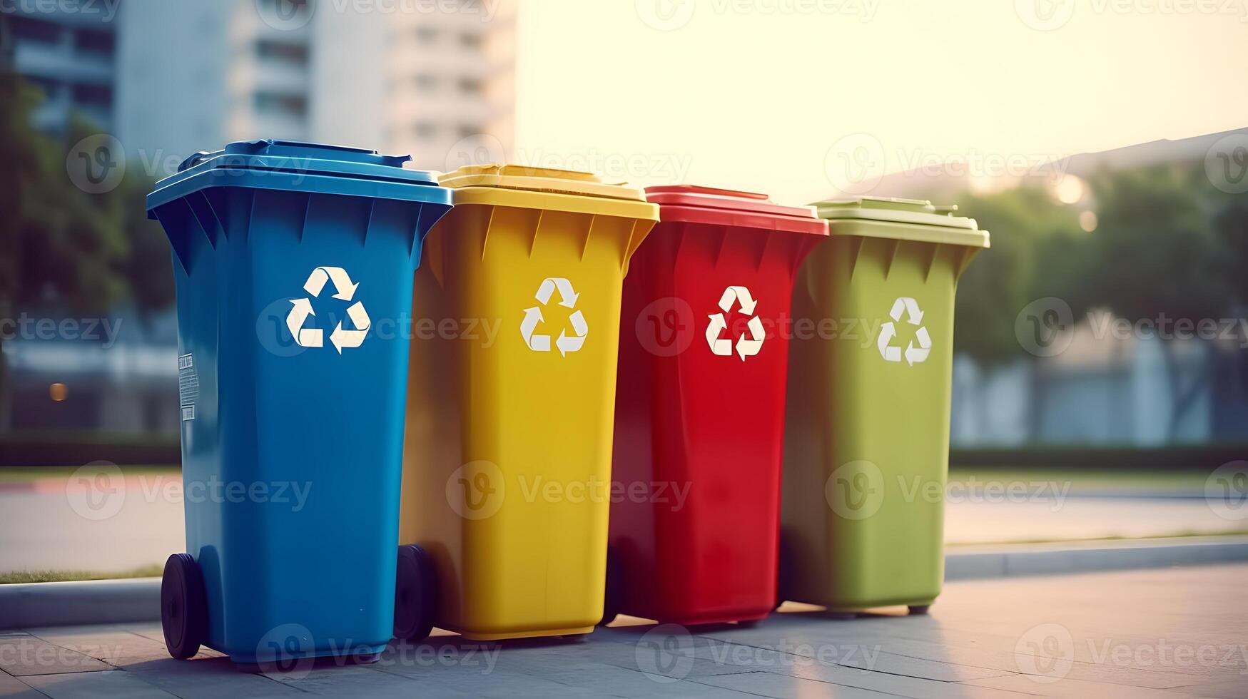 AI generated Yellow, green and red trash cans with recycling symbol. The concept of nature conservation and separate waste collection photo