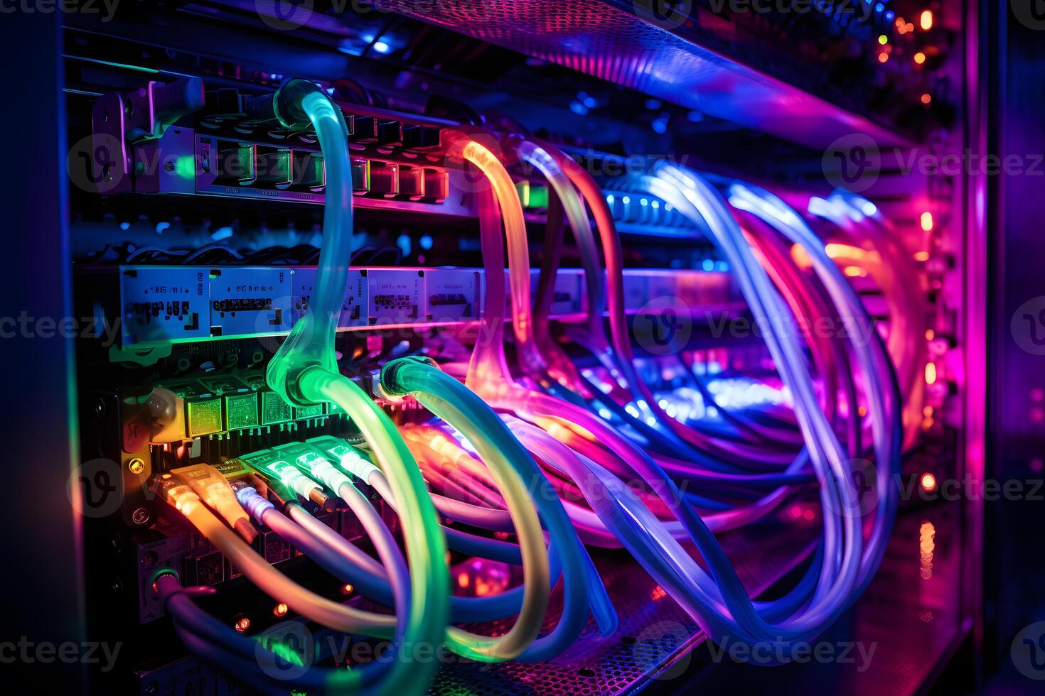 AI generated Close-up photo of patch panel with colored cords in server room. Technology concept