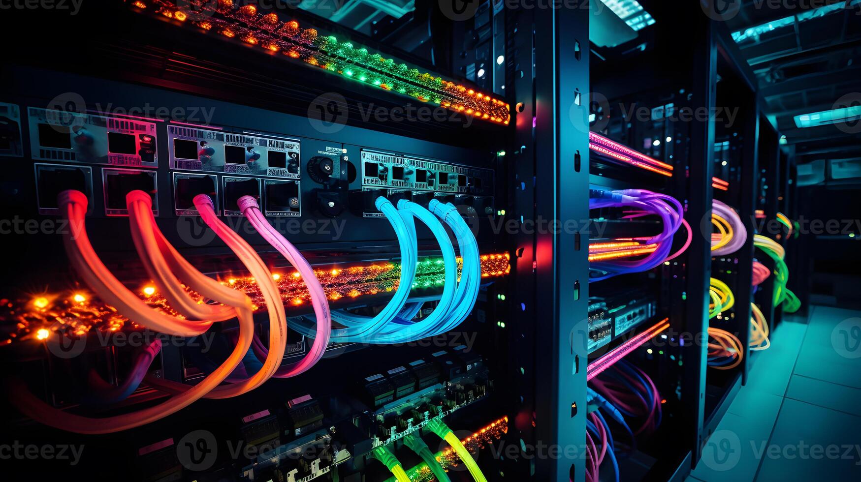 AI generated Close-up photo of a server patch panel with many ports and wires. Many indicators of different colors show the active work of the servers.