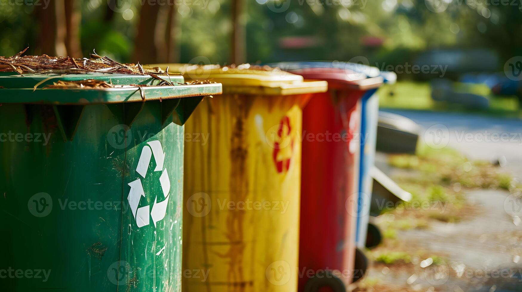 AI generated Yellow, green and red trash cans with recycling symbol. The concept of nature conservation and separate waste collection photo