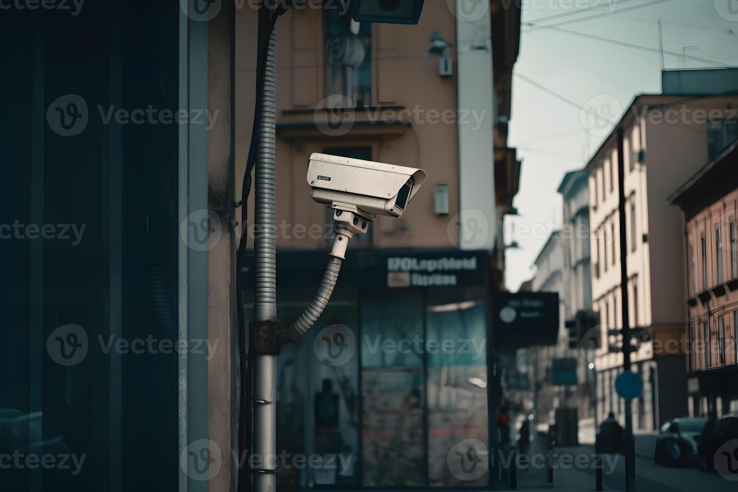 AI generated Close-up of a CCTV camera. Constantly tracking people or social security concept photo