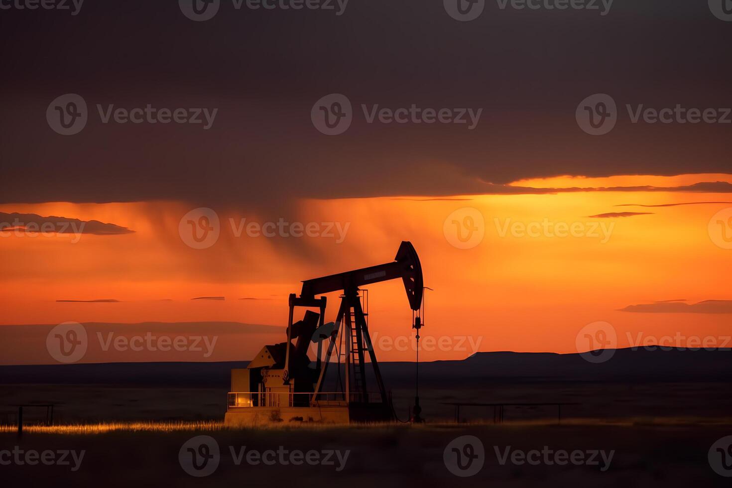 AI generated Photo of crude oil pumpjack rig at sunset. Concept art of oil production or issues of nature protection