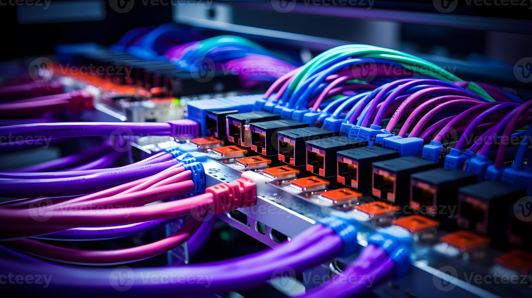 AI generated Close-up photo of patch panel with colored cords in server room. Technology concept