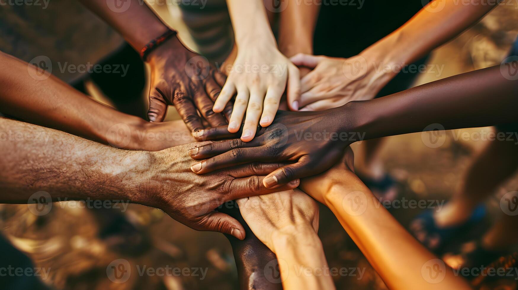 ai generado foto de manos de diverso personas unidad. No racismo y unidad de diferente personas concepto